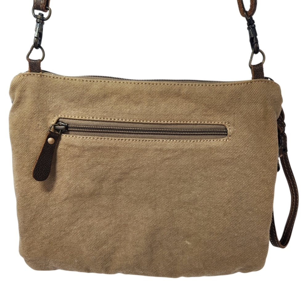Myra Bag Crossbody Upcycled Canvas Genuine Cowhide Hair Patchwork Boho Leather - Picture 6 of 15